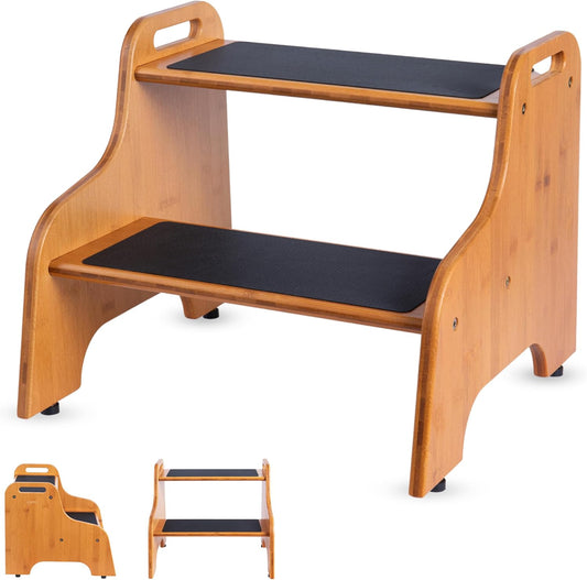 2-Step Wooden Step Stool for Adults & Kids – Non-Slip Bed, Bathroom, Kitchen, and Closet Use – Heavy-Duty Portable Step with Handles – 400 lb Capacity