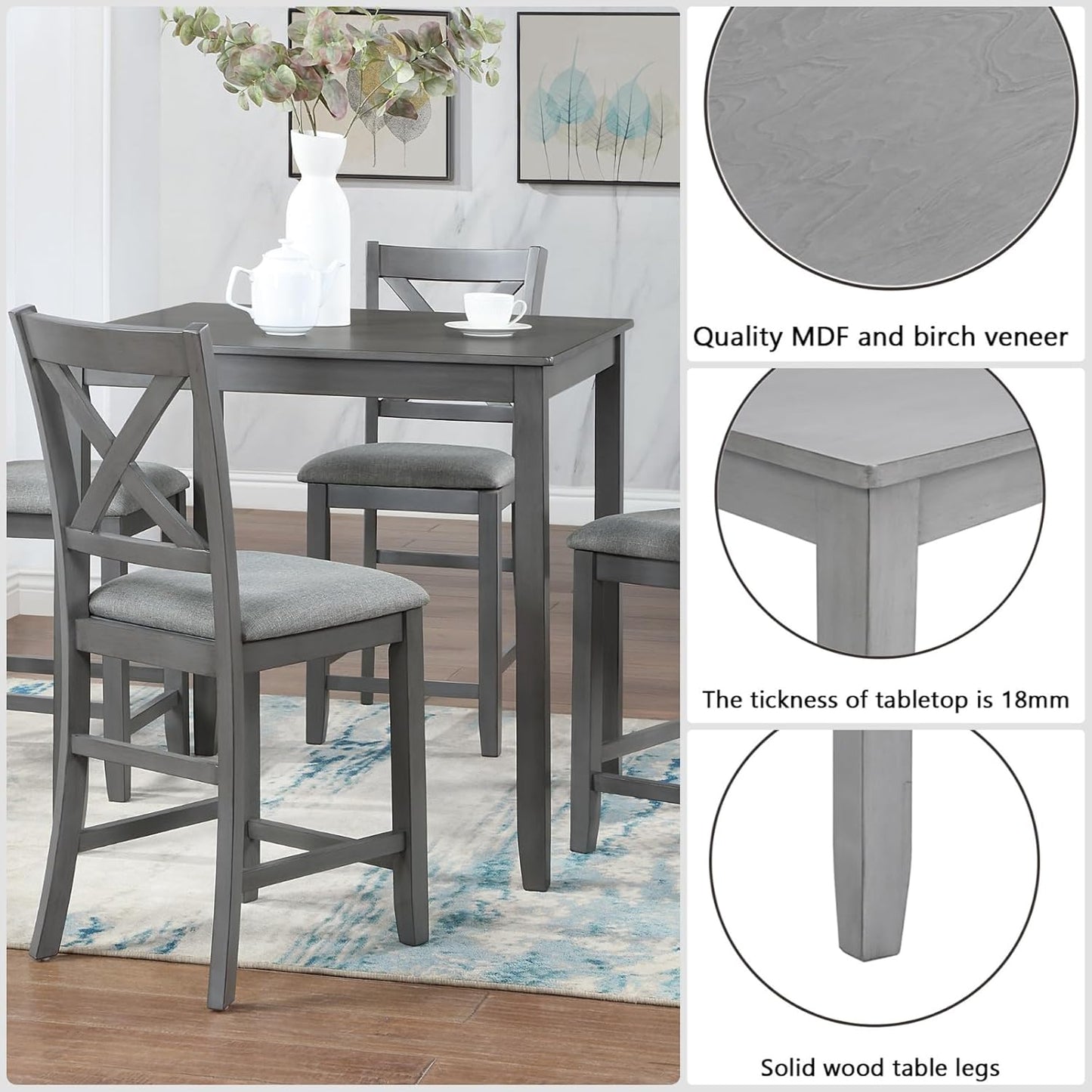 Dining Table Set for 4, Modern 5 Piece Dining Room Table Set with Square Table & 4 X-Shaped Backrest Upholstered Chairs, Counter Height Kitchen Chairs Set for Small Space, Gray