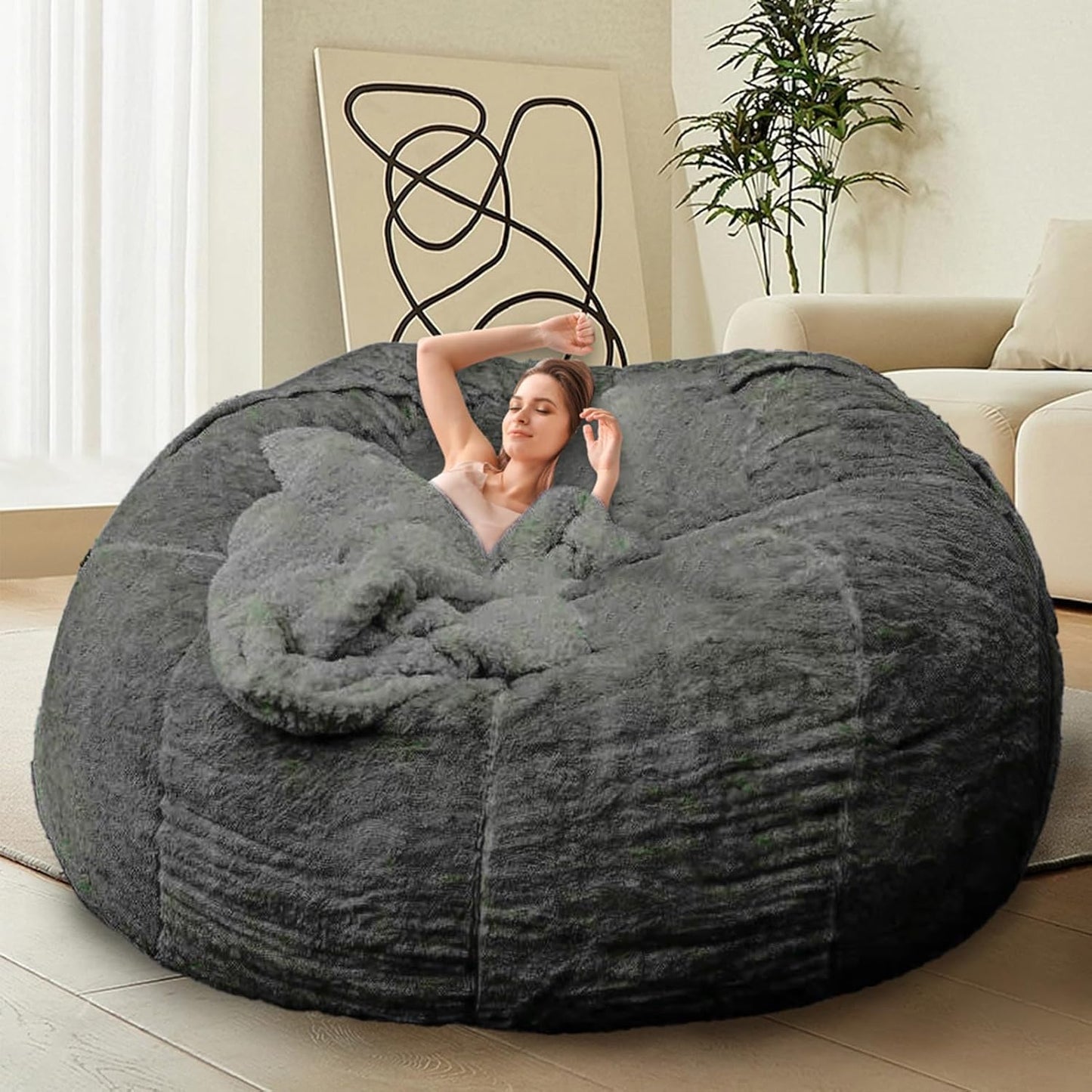 Bean Bag Chair for Adults Kids Without Filler Fluffy Comfy Giant Round Beanbag Sofa Chair Cover for Stuffed Animal Storage Living Room, 5FT, Dark Grey