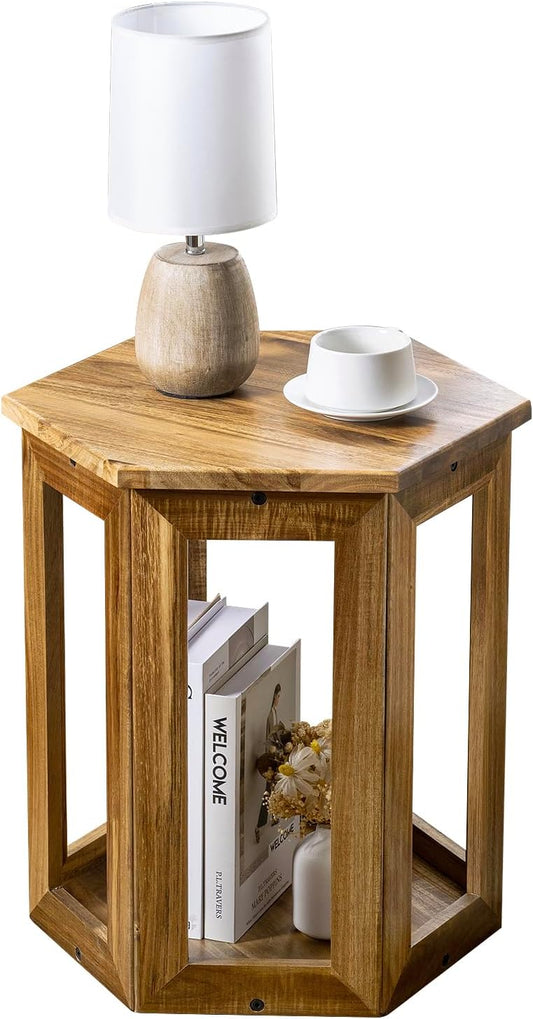 MyGift Premium Acacia Solid Wood Hexagon Designer End Table, 20 Inch Tall Wooden Living Room Sofa Side Table, Hexagonal Tabletop Plant Stand Home Furniture