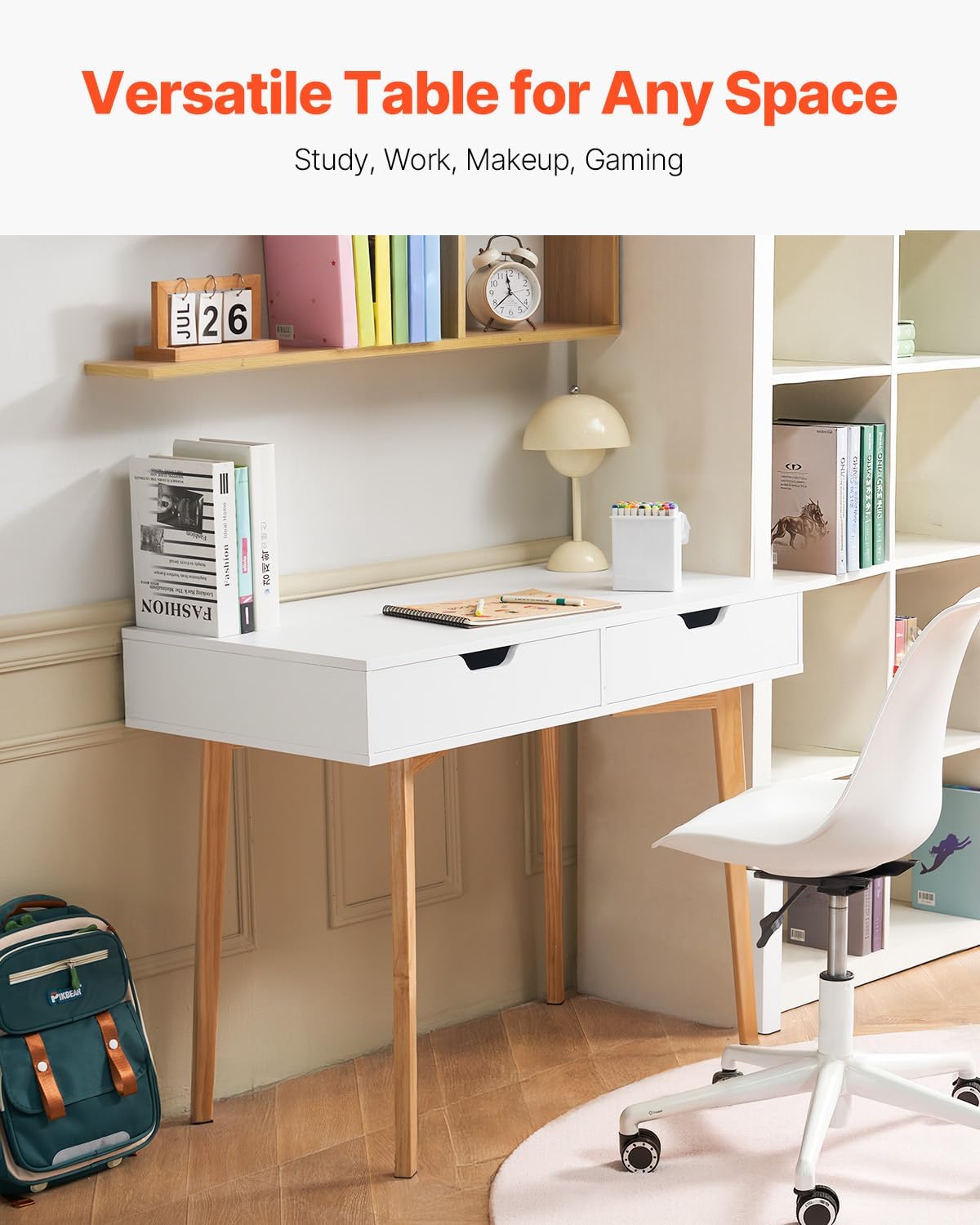 VEVOR Small Desk with Drawers, Kids Desk for Bedroom, Wooden Simple Study Table for Drawing, Reading, Writing, Rectangle MDF Furniture Study Storage Table for Home, Office, White + Wood