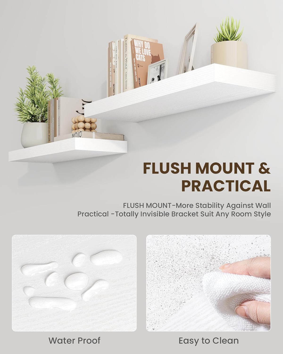 Marsmiles 16" Floating Shelves for Wall, Wooden Shelves with Invisible Brackets Set of 2, Rustic Farmhouse Wall Mounted Shelf for Kitchen Bathroom Living Room Study, White