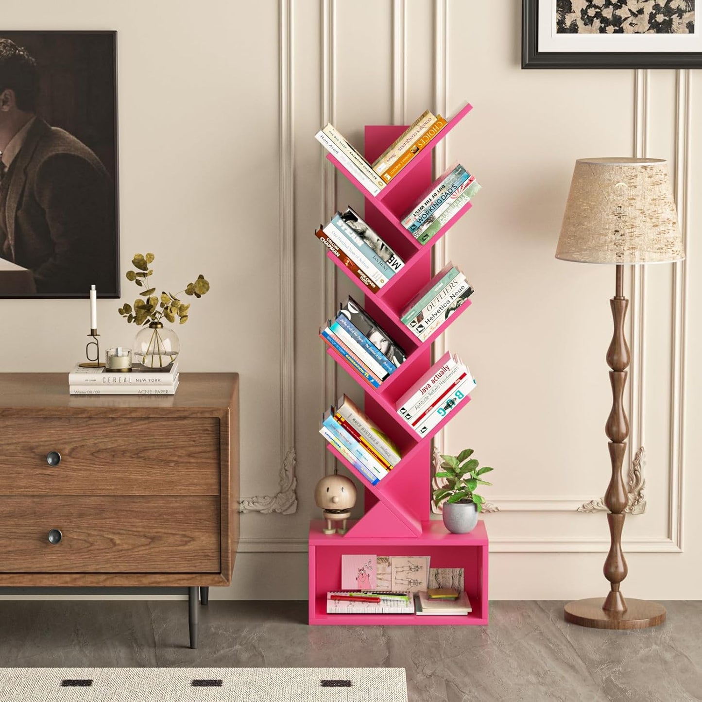 9 Tier Tree Bookshelf,Christmas Green Bookcase for Narrow Space, Storage Organizer Floor Standing Bookshelves for Books, Tall Book Case for Home Office, Living Room, Bedroom