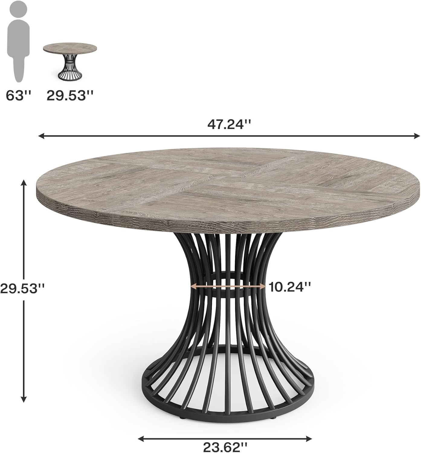 Tribesigns Round Dining Table, 47-Inch Farmhouse Dinning Room Table, Industrial Dinner Table with Metal Base, Grey
