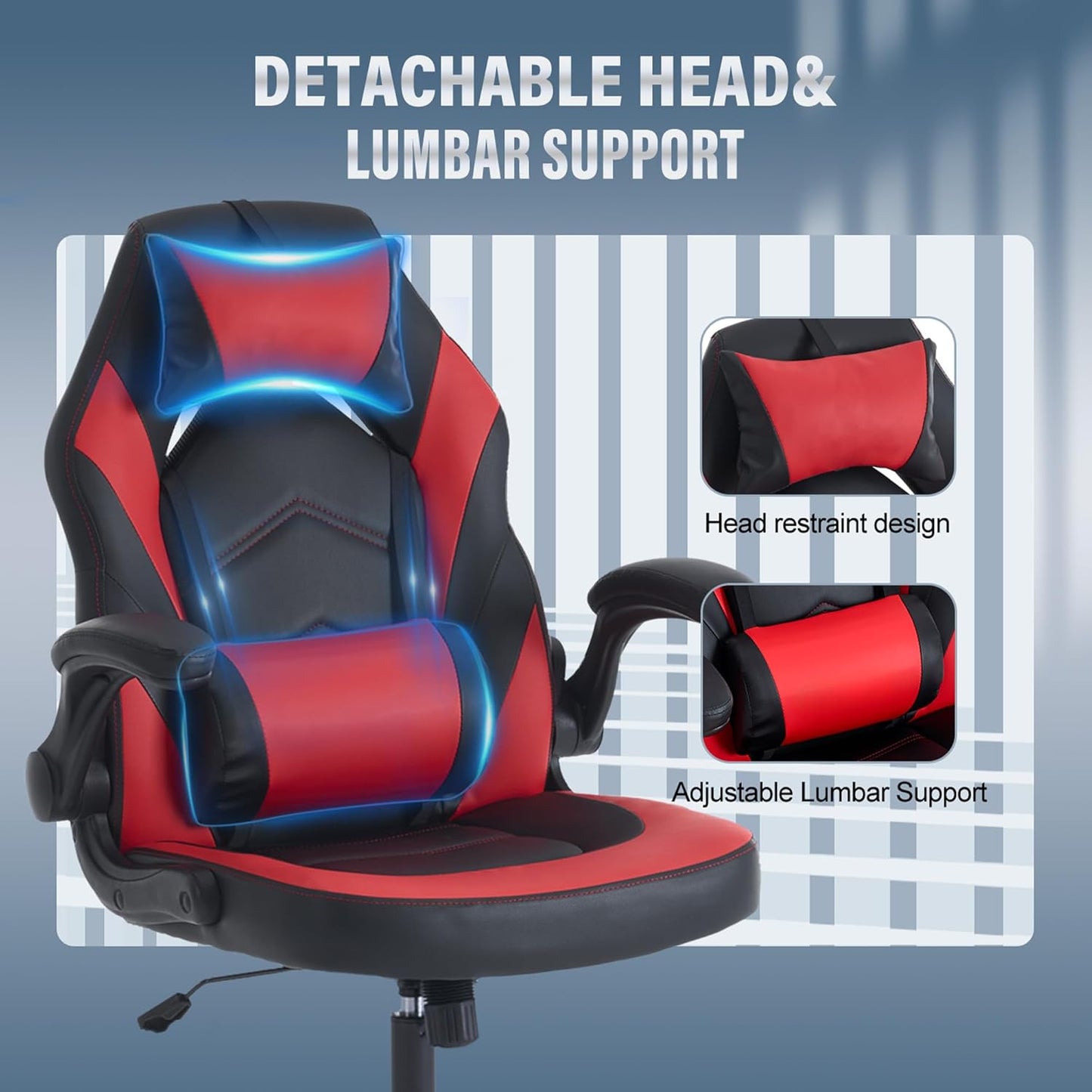 OLIXIS Computer Gaming Desk Chair - Ergonomic Video Game with Comfy Lumbar Support and headrest, PU Leather with Flip-up Arms, Adjustable Height and Swivel Wheels, for Adults, Red