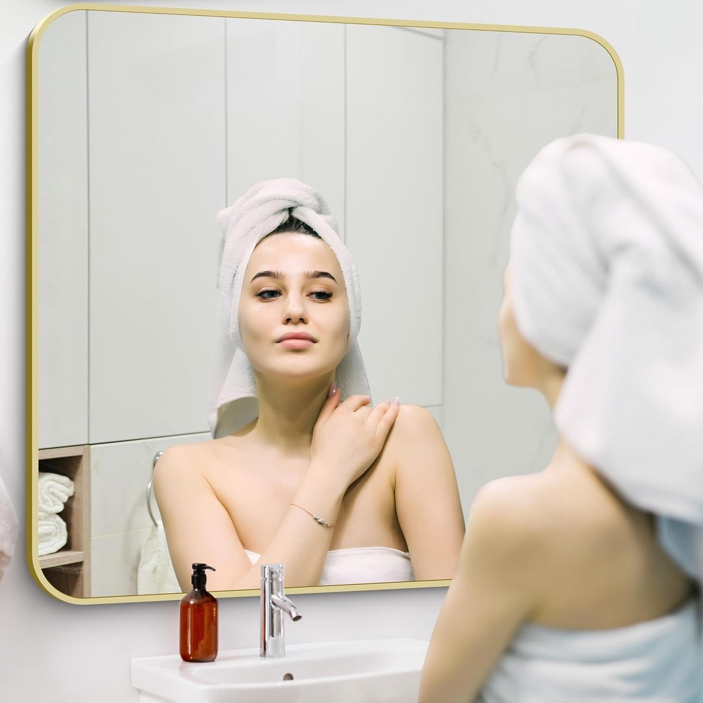 Gold Bathroom Mirror, 42x42 Inch Metal Framed Square Mirror, Rounded Corner Gold Vanity Mirror, Large Wall Mounted Mirrors for Living Room Bedroom Entryway Hangs Horizontal or Vertical