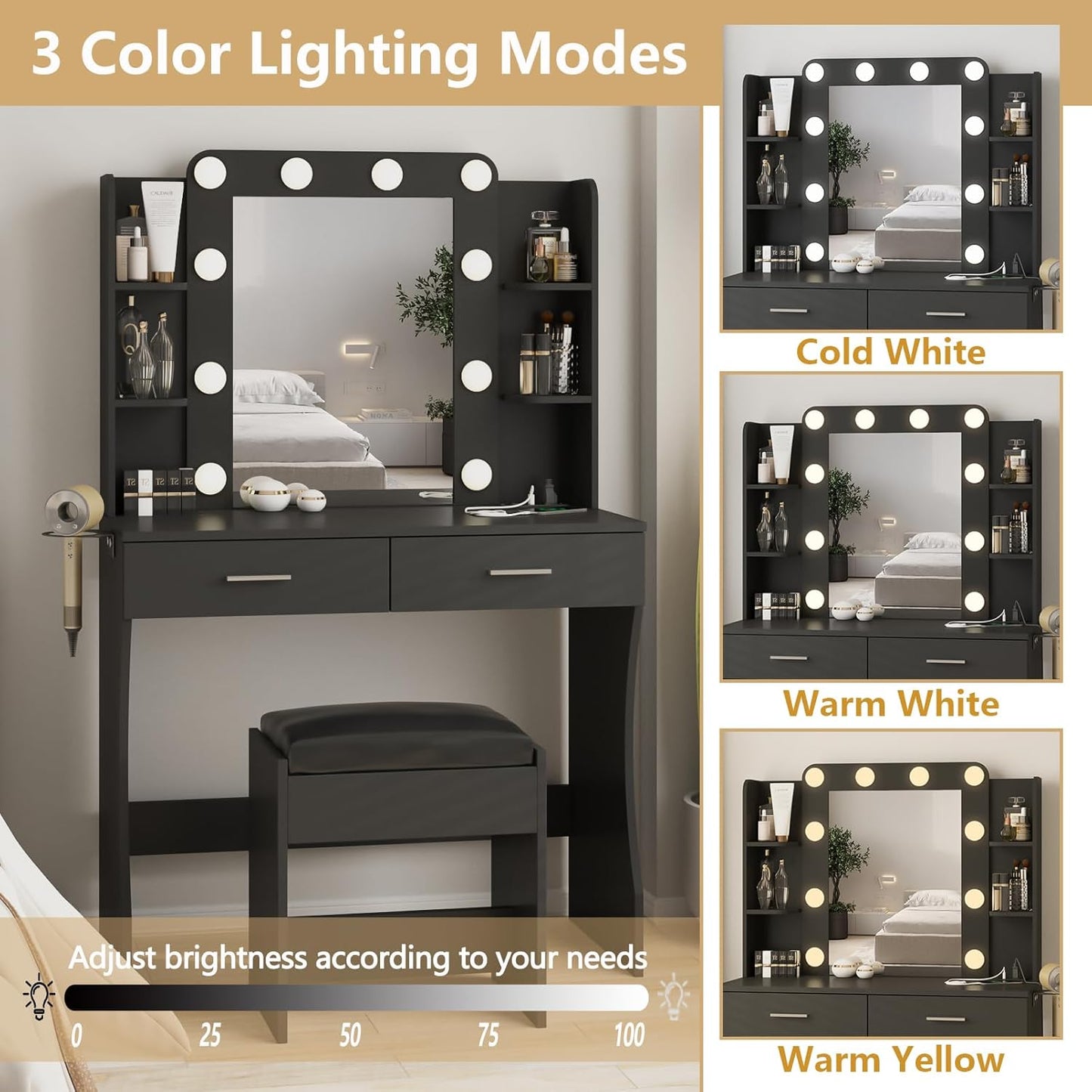 Vabches Vanity Desk with Lights,Makeup Vanity with Power Strip,Dressing Table Set with 2 Large Drawers,Vanity Mirror 3 Lighting Color Adjustable,Black