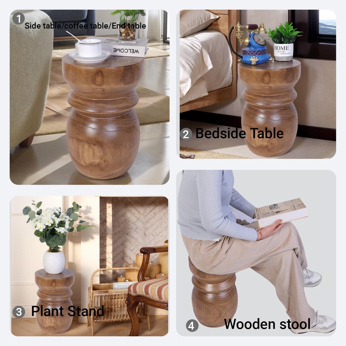 Handcrafted Tree Stump Accent Table 15.75" H Small Solid Paulownia Wood Stool/Side Table, Unique Rustic Farmhouse Decor, Ideal for Patio, Balcony, Bedroom