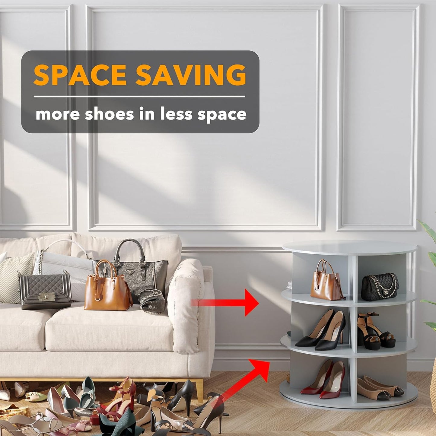 SpaceAid 3 Tier Rotating Shoe Rack Tower, Spinning Shoe Display Lazy Susan, Revolving 360 Shoe Rack Storage Round Carousel, Vertical Handbag Rotate Shoes Closet Organization (3-Tier Gray)