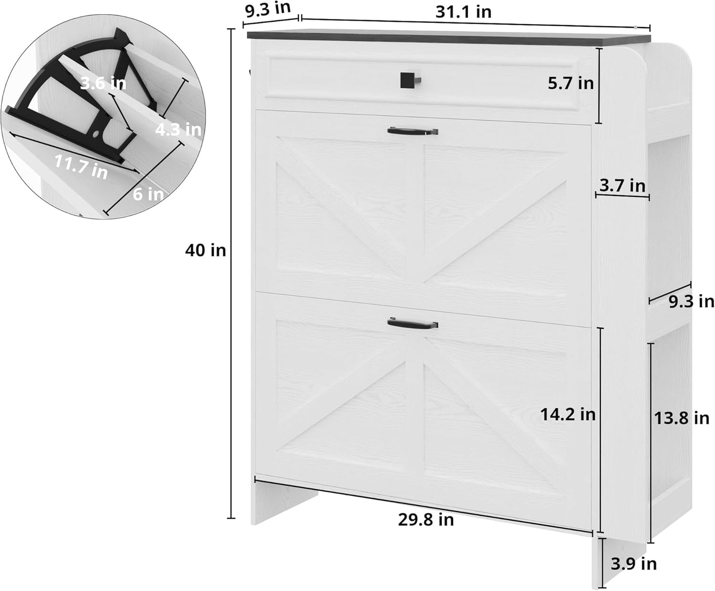 IRONCK Shoe Storage Cabinet with 2 Flip Drawers & Barn Door Design, Freestanding Shoe Cabinet Organizer with Drawer and Shelves for Entryway, Farmhouse Shoe Rack Cabinet, White/Black