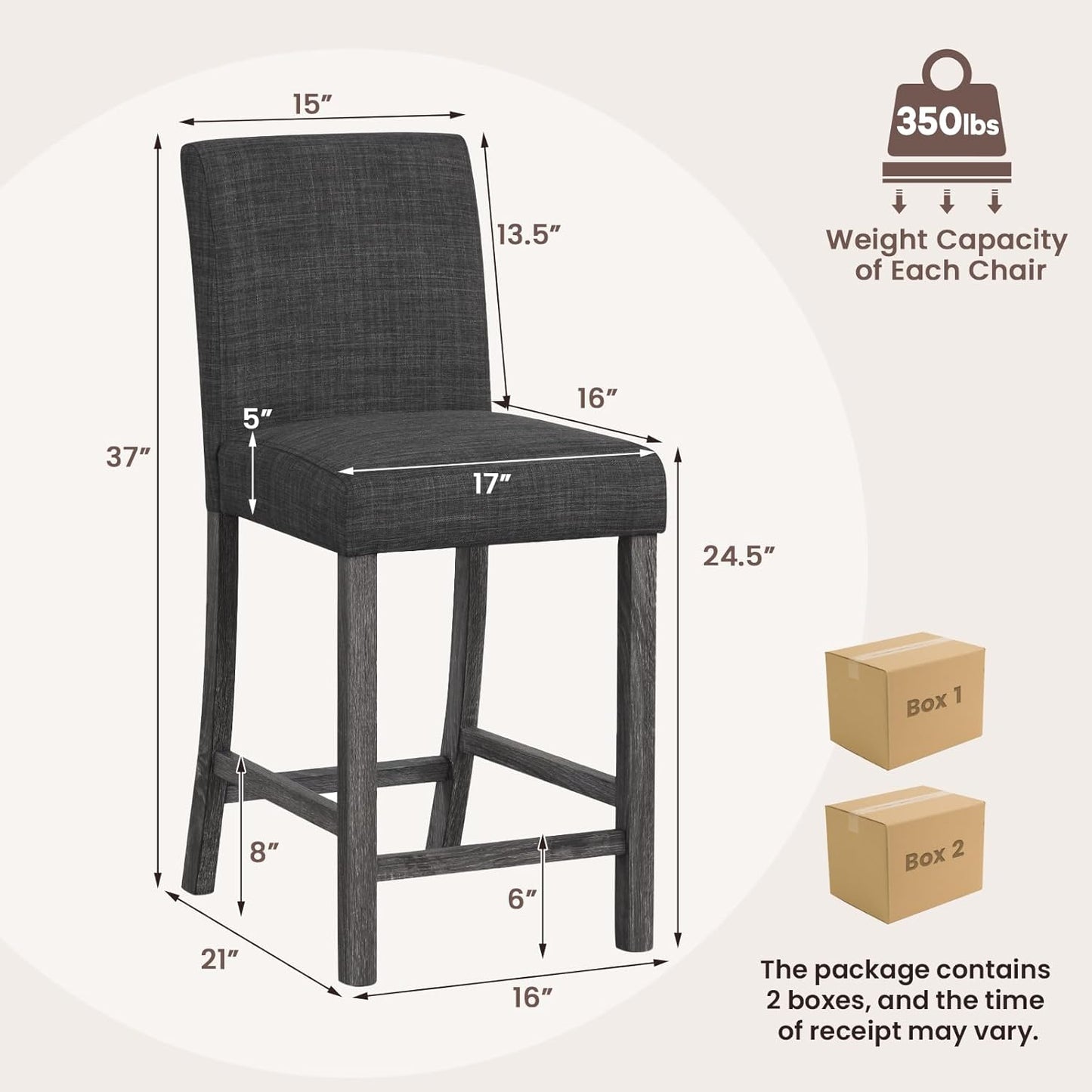 COSTWAY Upholstered Counter Height Stools Set of 4, Bar Stools w/Ergonomic Backrest, Solid Wood Frame, 24.5” Fabric Counter Height Chairs for Kitchen Island, Dining Room, Pub (Grey)
