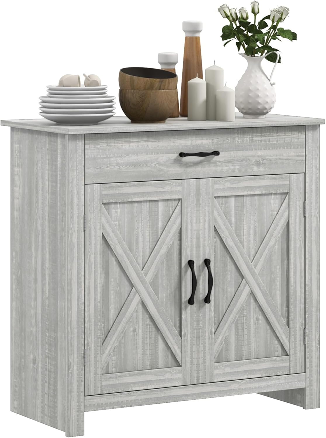 HOMCOM Farmhouse Sideboard Buffet Cabinet, Barn Door Coffee Bar Cabinet with Drawer and Adjustable Shelf, for Living Room, Entryway, Stone Gray
