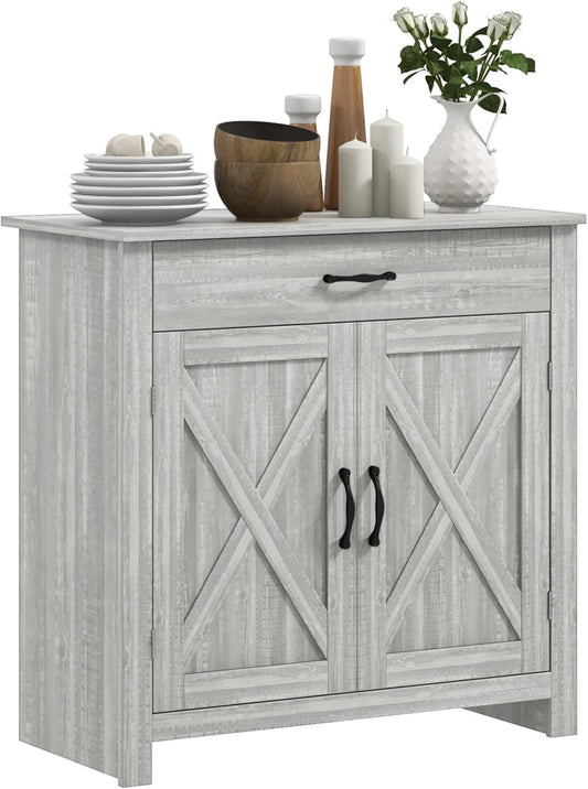 HOMCOM Farmhouse Sideboard Buffet Cabinet, Barn Door Coffee Bar Cabinet with Drawer and Adjustable Shelf, for Living Room, Entryway, Stone Gray