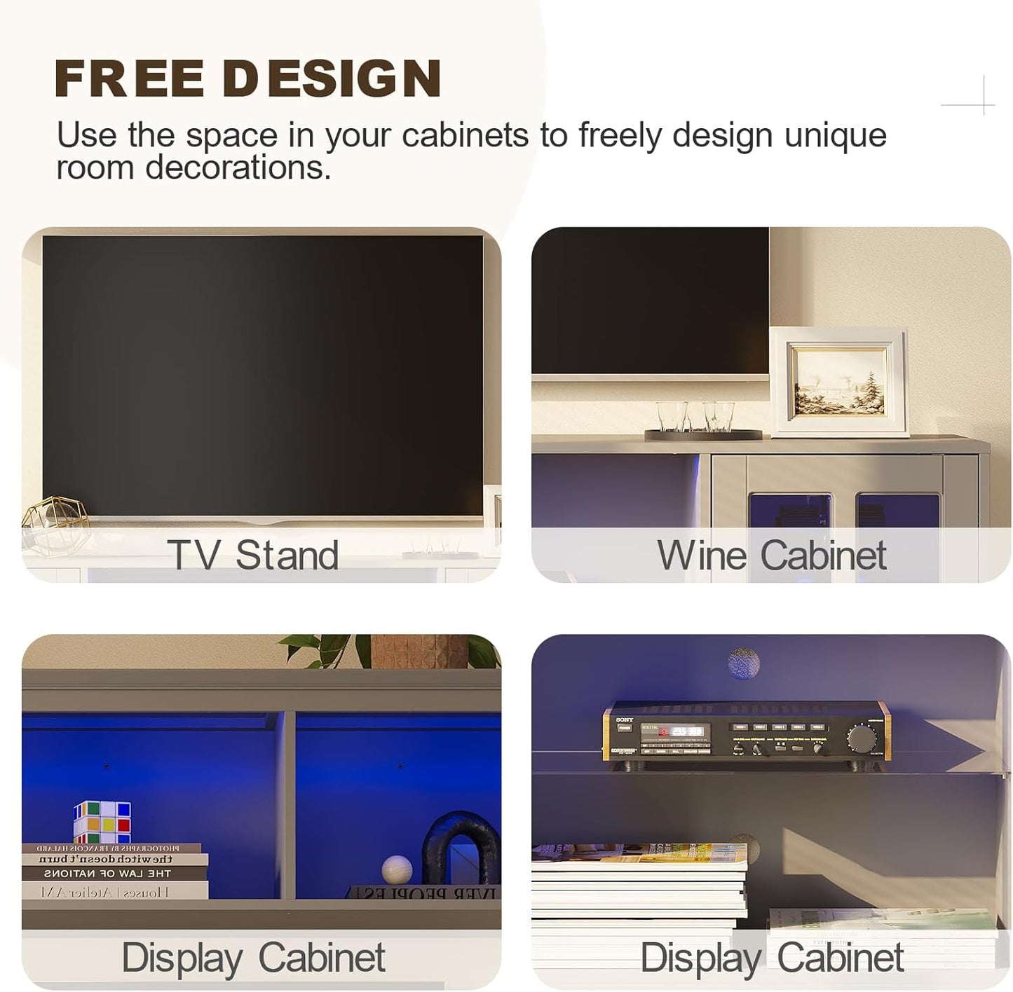 4-Piece Wall Unit TV Stand with Storage & LED Lights for TVs up to 75", Modern Entertainment Center with Bookshelves & 8-Door Pantry Cabinet, Gray