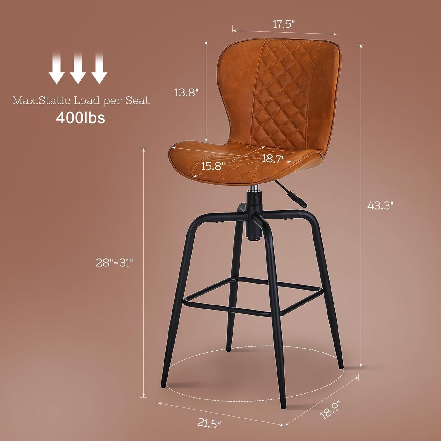 VECELO Quilted Bar Stools Set of 2, Adjustable Bar Height Swivel Bar Stools with Back, PU Leather with Stitching, Mid-Century Modern, 100% Virgin Cotton, 28~31" Tall, for Kitchen, Pub, Caramel Brown