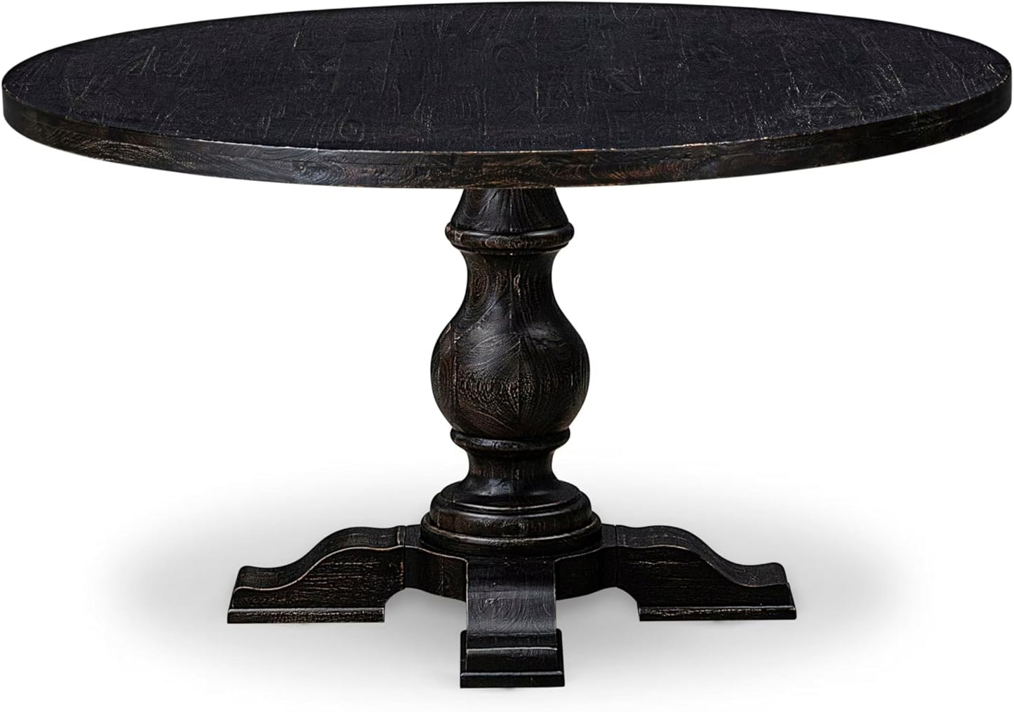 I55-11-TP Breakfast Table with Acacia Wood Round Tabletop and Stylish Pedestal Base - Sand Blasted Black Finish