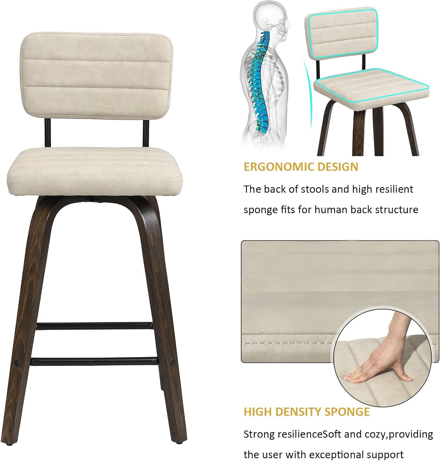 Swivel Bar Stools Set of 2, Counter Height, Wooden Frame, PU Leather Cushions, Beige