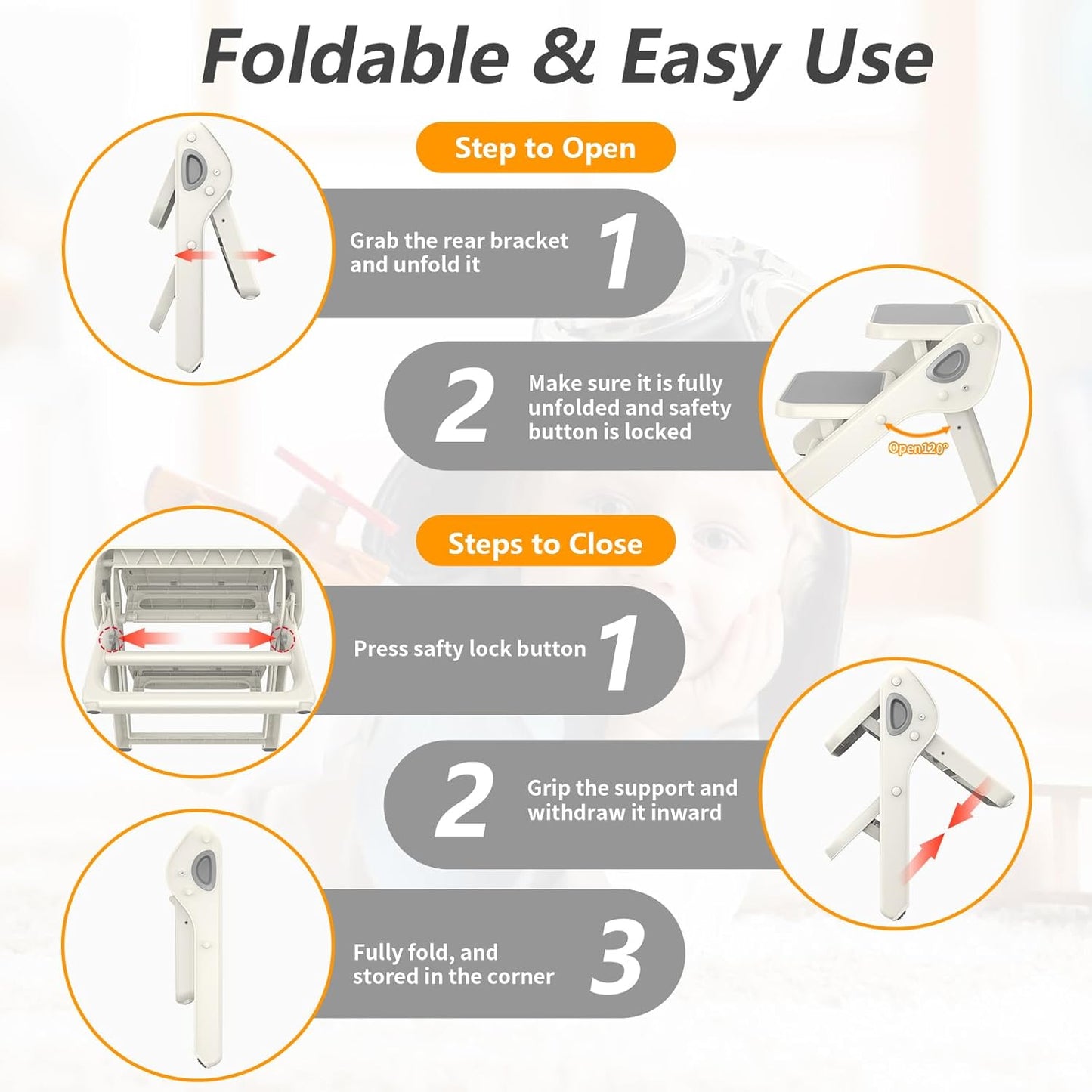 Toddler Step Stool, iNeibo 2-Step Foldable Step Stool for Kids, Widened & Thickened with Anti-Slip Design, Safer for Children Use for Kitchen, Bathroom, Toilet Training - Gray