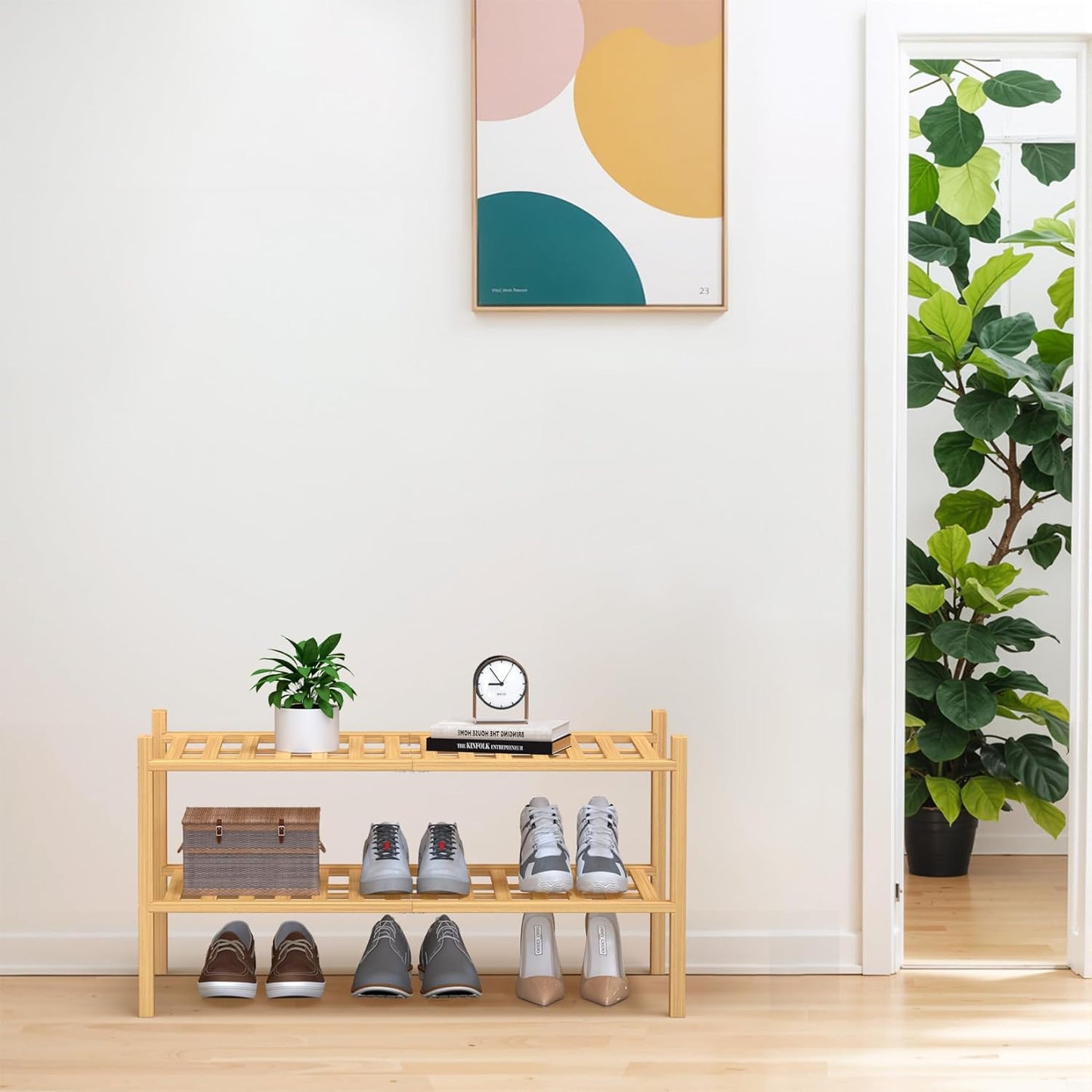 Haddockway Large 2 Tier Bamboo Shoe Rack Storage Organizer,Multifunctional Free Standing Stackable Shoe Shelf with Grid Panel for Closet,Hallway,Entryway,Small Space 27"x12"x14"(Natural, 2-Tier Large)