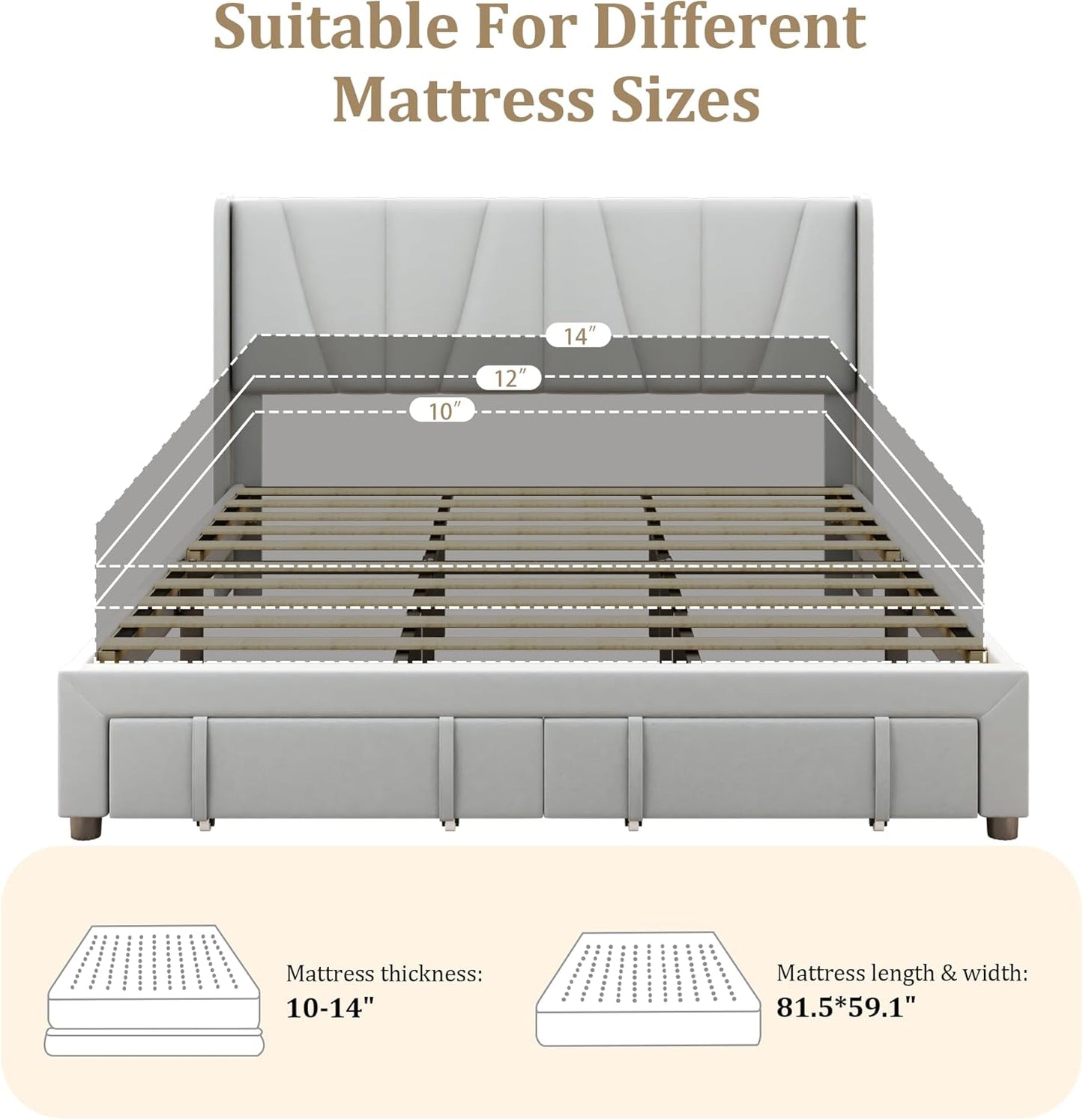King Bed Frame with Storage Drawers, Upholstered Platform Bed with Headboard and Wingboard, No Box Spring Needed, NO Noise, Easy Assembly, Wooden Support Slats,Light Grey