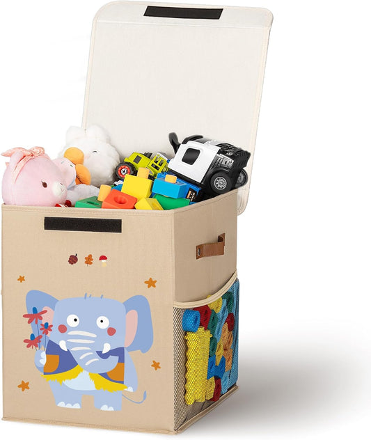 40L Large Toy Storage Box with Lid, Large Toy Box Chest for Kids, Girls and Boys, Nursery Room and Living Room, 13"x13" x16" (Dark Khaki-animal)