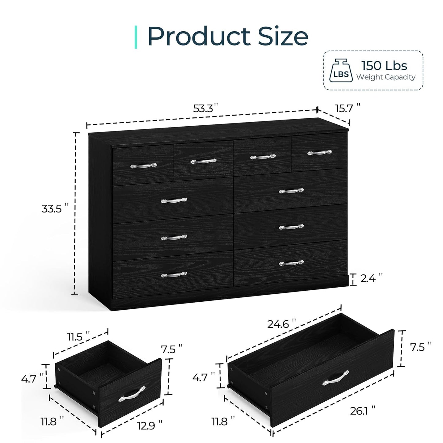 LINSY HOME 10 Drawer Dresser for Bedroom, 54" Wide Chest of Drawers, Modern TV Stand Dressers with Wood Frame and Metal Handles, Large Drawer Organizer for Bedroom, Living Room, Black