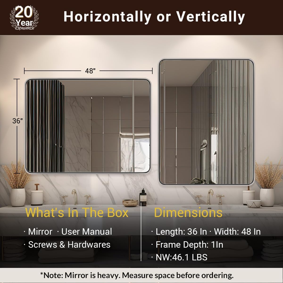 ANDY STAR 48x36 Inch Chrome Mirrors for Bathroom, Chrome Bathroom Vanity Mirror, Rounded Rectangle Mirror, Anti-Rust SUS304, Seamless Tube Metal Frame, 1’’ Deep Wall Mounted Vertically/Horizontal