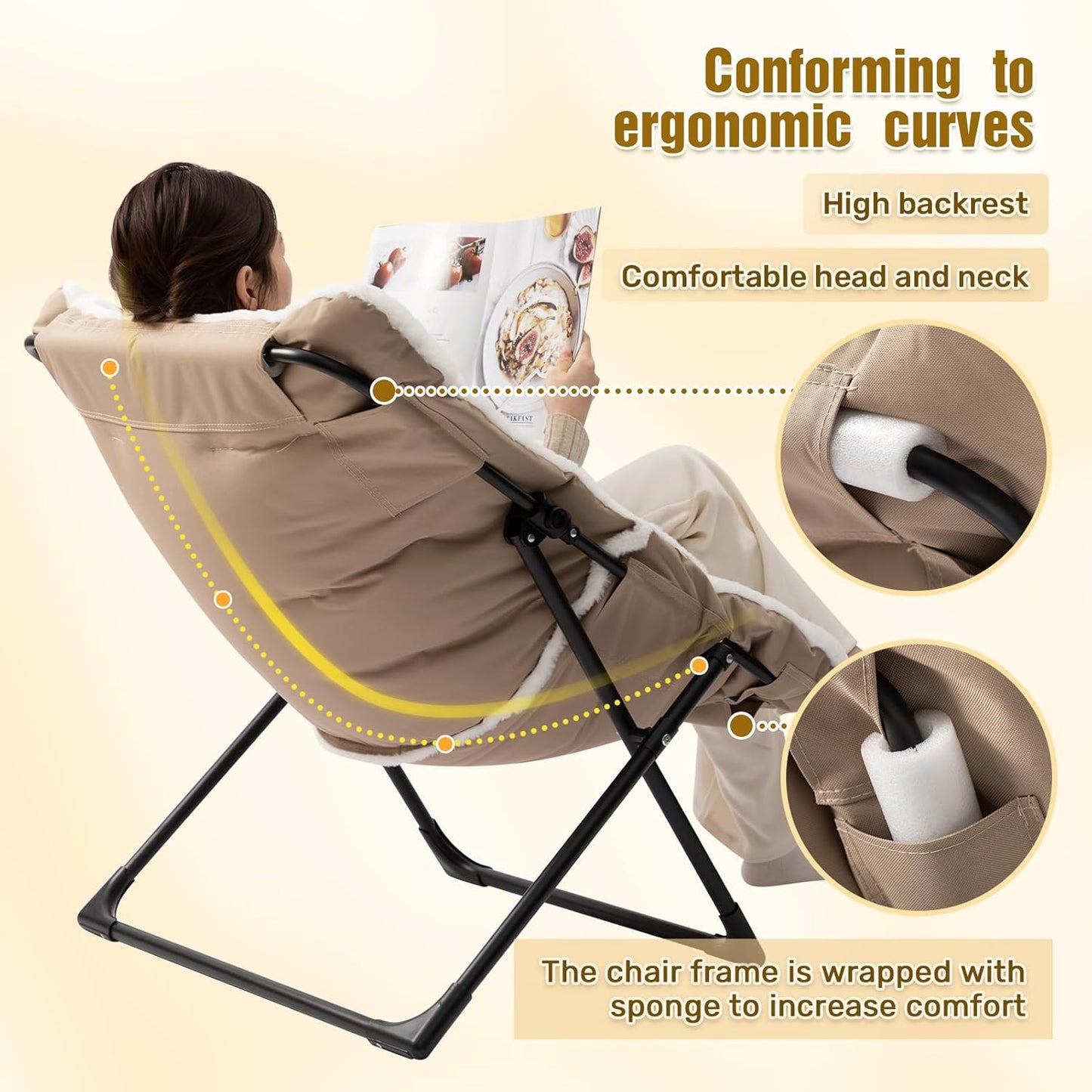 HollyHOME X-Large Saucer Chair, Comfy Oversized Folding Chair, Faux-Fur Reading Chair for Teens, Adults, Foldable Accent Lazy Chair, Metal Frame Lounge Chair for Living Room, Bedroom, Dorm, White