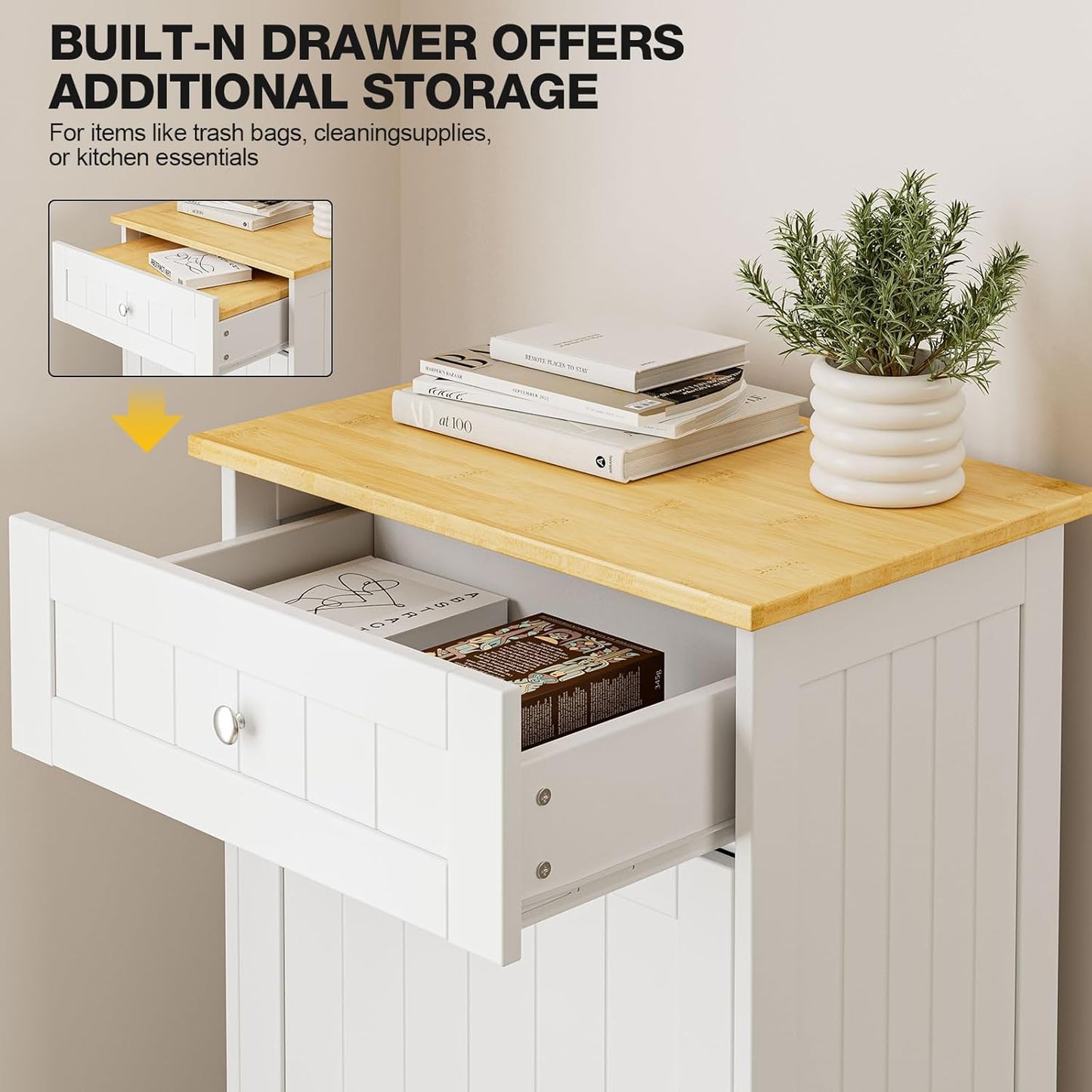 GAZHOME 10 Gallon Tilt Out Trash Cabinet, Upgrade Wooden Free Standing Recycling Trash Cabinet with Hideaway Drawer(White)