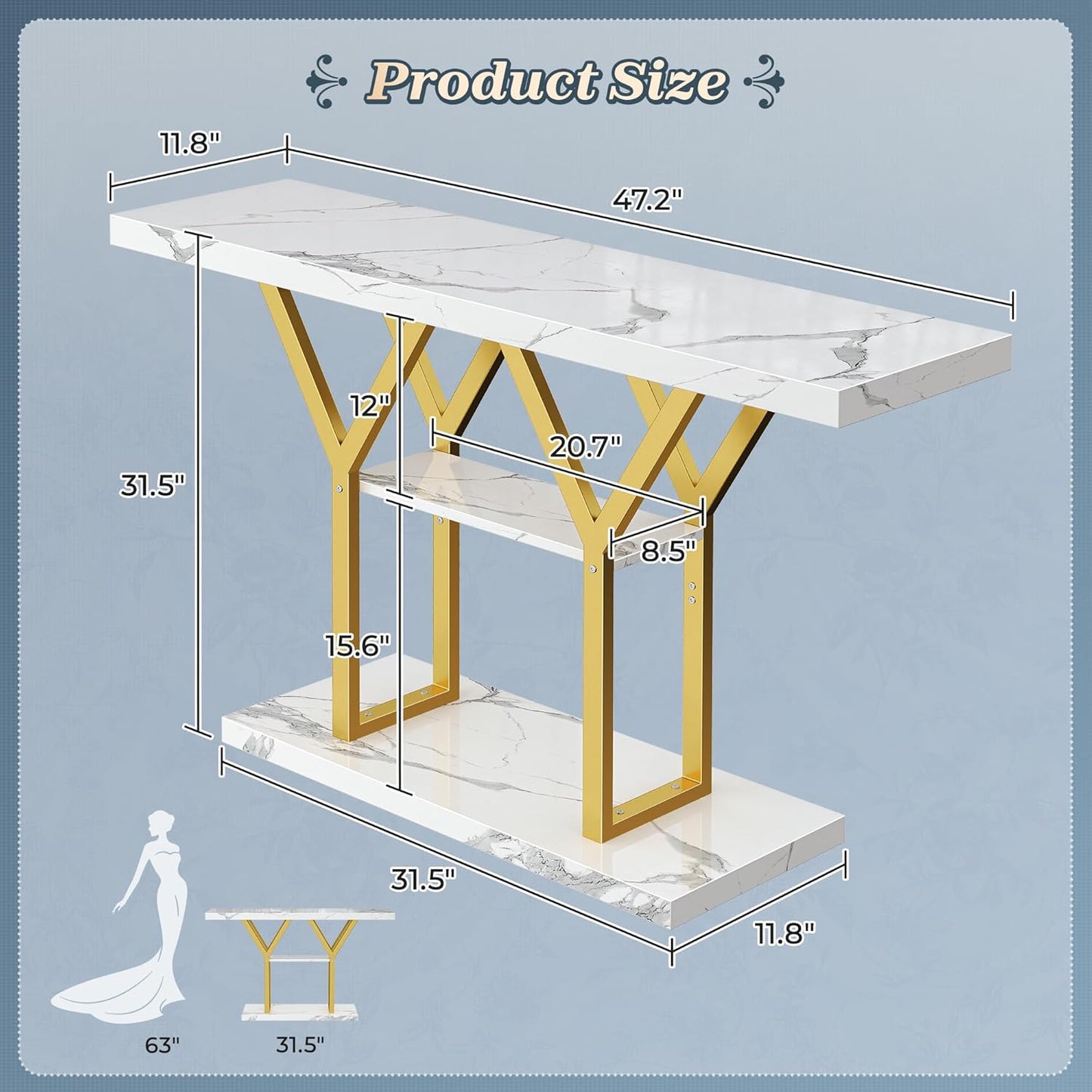 Huuger 47.2 Inch Entryway Table with Marble Top, Industrial Console Sofa Table, 3 Tier Accent Table, for Entry, Hallway, Entrance, Foyer, Y-Shaped Metal Base, Rusitc Brown