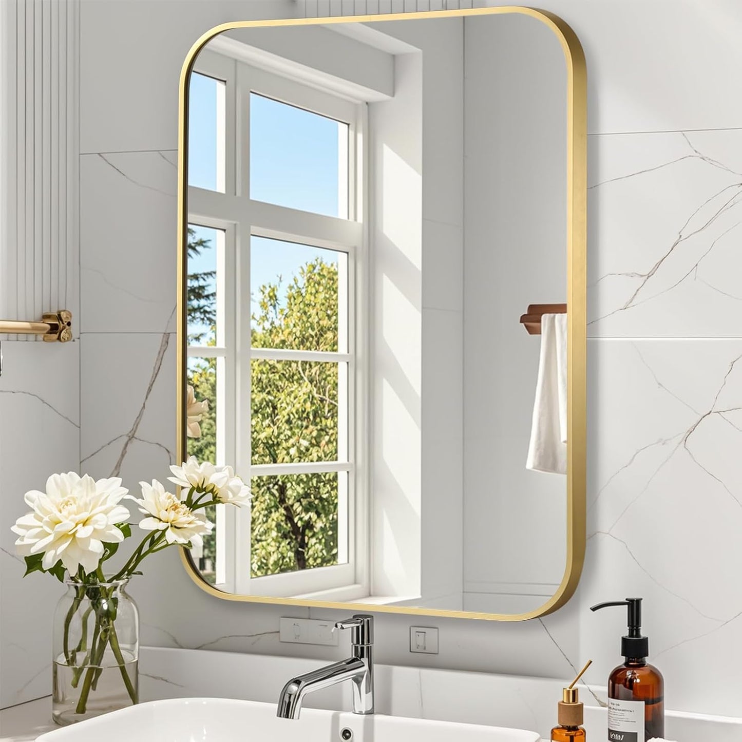 Brushed Gold Mirror, 20"x28" Rectangle Bathroom Mirror, Metal Frame Rectangle Corner Vanity Mirror, Wall Mounted Mirror for Modern, Living Room, Bedroom, Horizontal Or Vertical