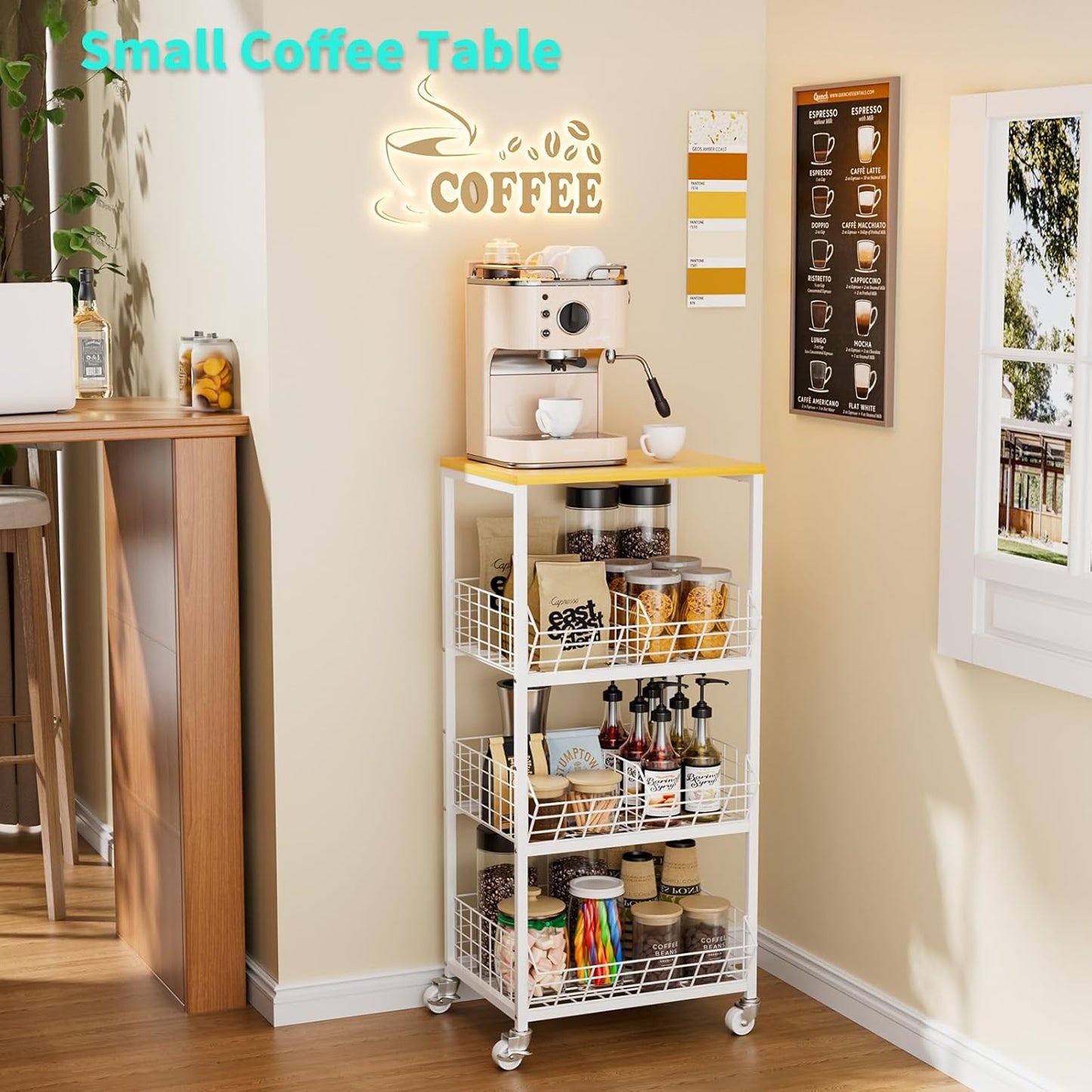 HapiRm Kitchen Fruit Vegetable Cart - 4 Tier Rolling Storage Rack with Wheels and Dividers, Coffee Station Cart Rack Shelf Organizer for Onion, Potato, Snack, Fruit, Vegetable Storage Stand, White