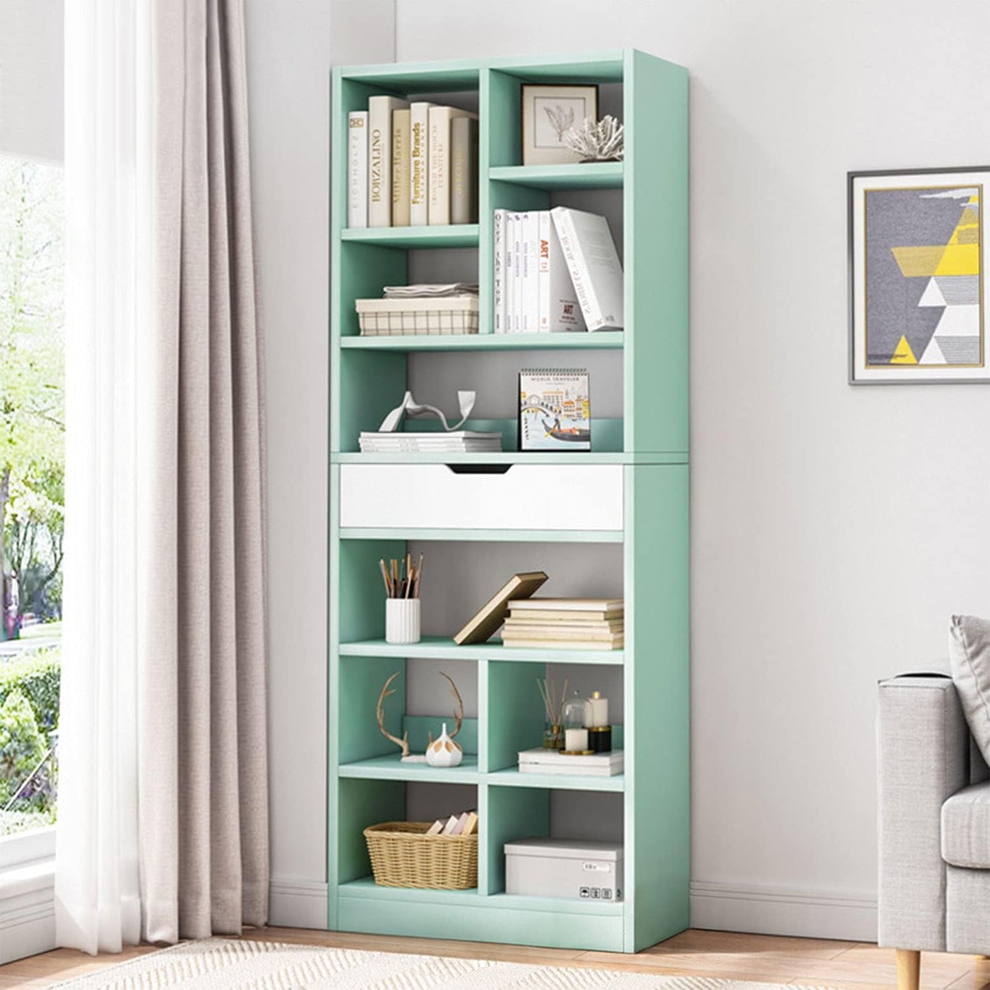 IOTXY Wooden Open Shelf Bookcase - 71 Inches Tall Freestanding Display Storage Cabinet Organizer with 10 Cubes and a Drawer, Floor Standing Bookshelf in Tiffany-Green