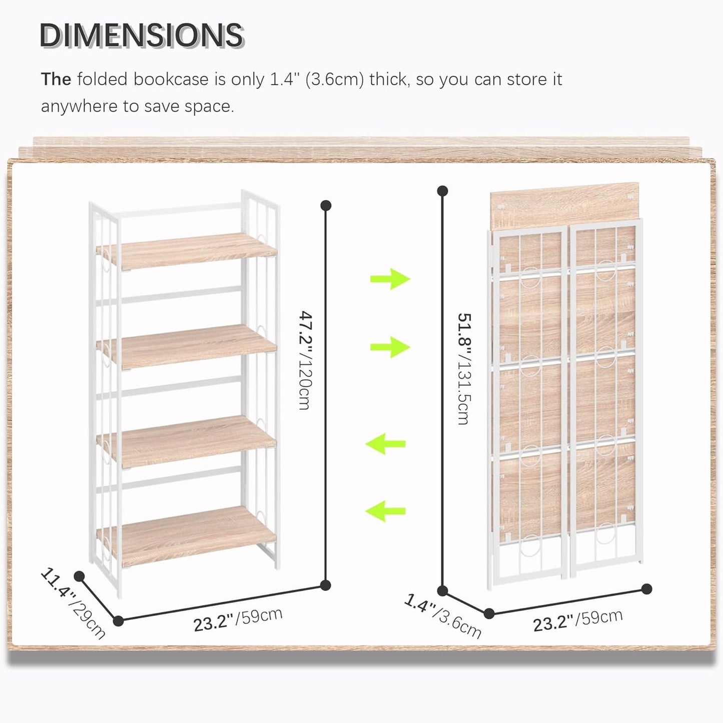 4NM No Assembly 4 Tiers Folding Bookshelf, 47.2" H Foldable Storage Shelves Vintage Bookcase Standing Racks Study Organizer Home Office - Natural White
