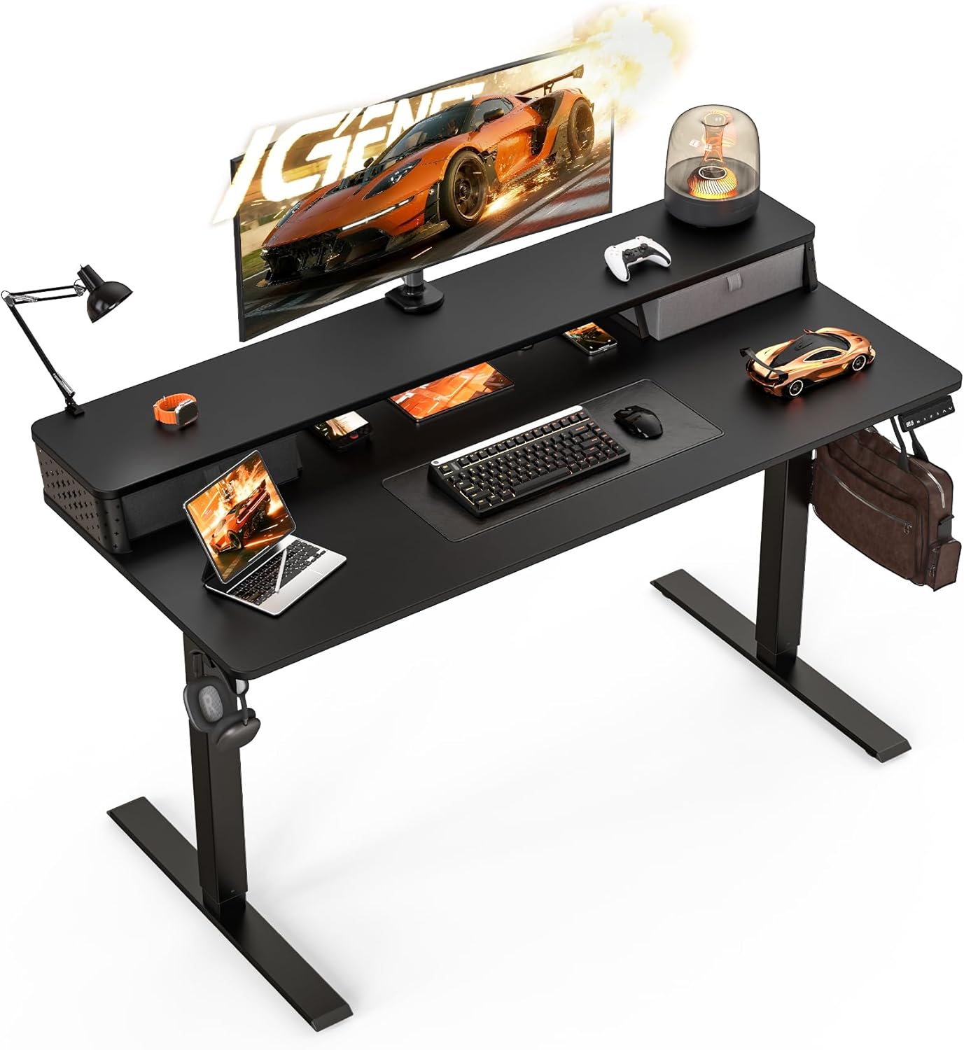 Standing Desk with Drawers and Brushless Motor,Electric Height Adjustable Desk for Walking Pad,Ergonomic Stand Up Desk for Home Office & Gaming,3 Memory Height Preset & Hooks(55" x 24",Black)