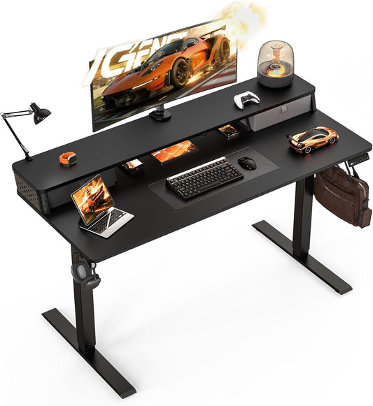 Standing Desk with Drawers and Brushless Motor,Electric Height Adjustable Desk for Walking Pad,Ergonomic Stand Up Desk for Home Office & Gaming,3 Memory Height Preset & Hooks(55" x 24",Black)