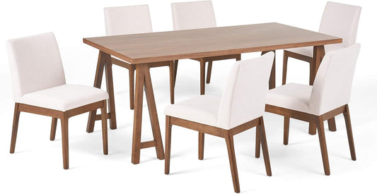Christopher Knight Home Benson Mid-Century Modern 7 Piece Dining Set, Light Beige and Walnut