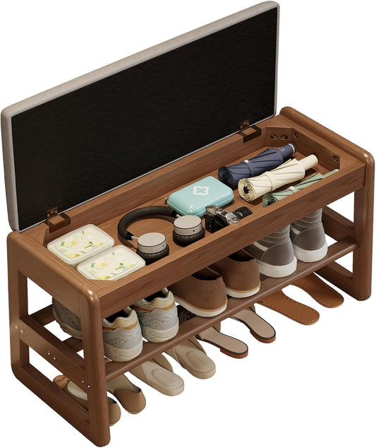 Shoe Rack Bench with Cushion,2 Tiers Shoe Bench with Flip-Top Storage,Wood Shoe Rack for Entryway,Hallway（Walnut,31.5"）
