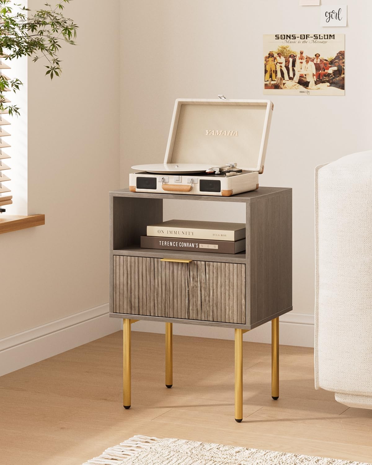 Nightstand,Morden Bedside Table with Gold Frame,Small White Night Stand,End Table,Bedside Furniture,Side Table with Drawer and Shelf for Bedroom,Living Room (1Drawer, Grey)