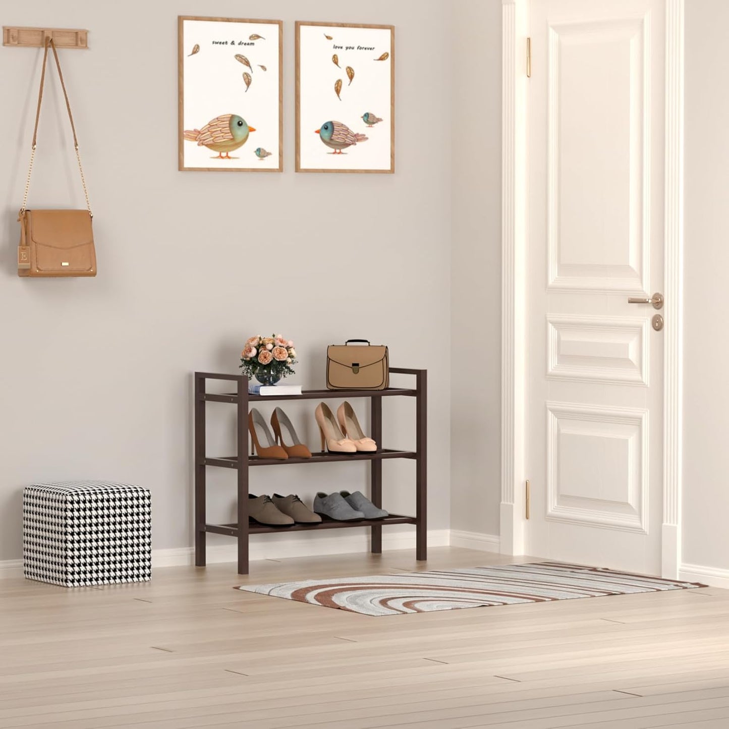 Haddockway Bamboo Shoe Rack for Closet, Free Standing Shoe Organizer with Smooth Round Rods & Convenient Handles, Stackable Shoe Storage Shelf for Entryway, Hallway(Brown, 3-Tier(Small))