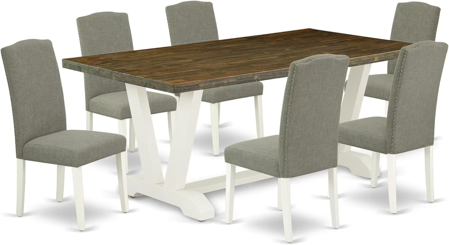 East West Furniture V077EN206-7 7 Piece Dining Room Furniture Set Consist of a Rectangle Dining Table with V-Legs and 6 Dark Shitake Linen Fabric Parsons Chairs, 40x72 Inch, Multi-Color