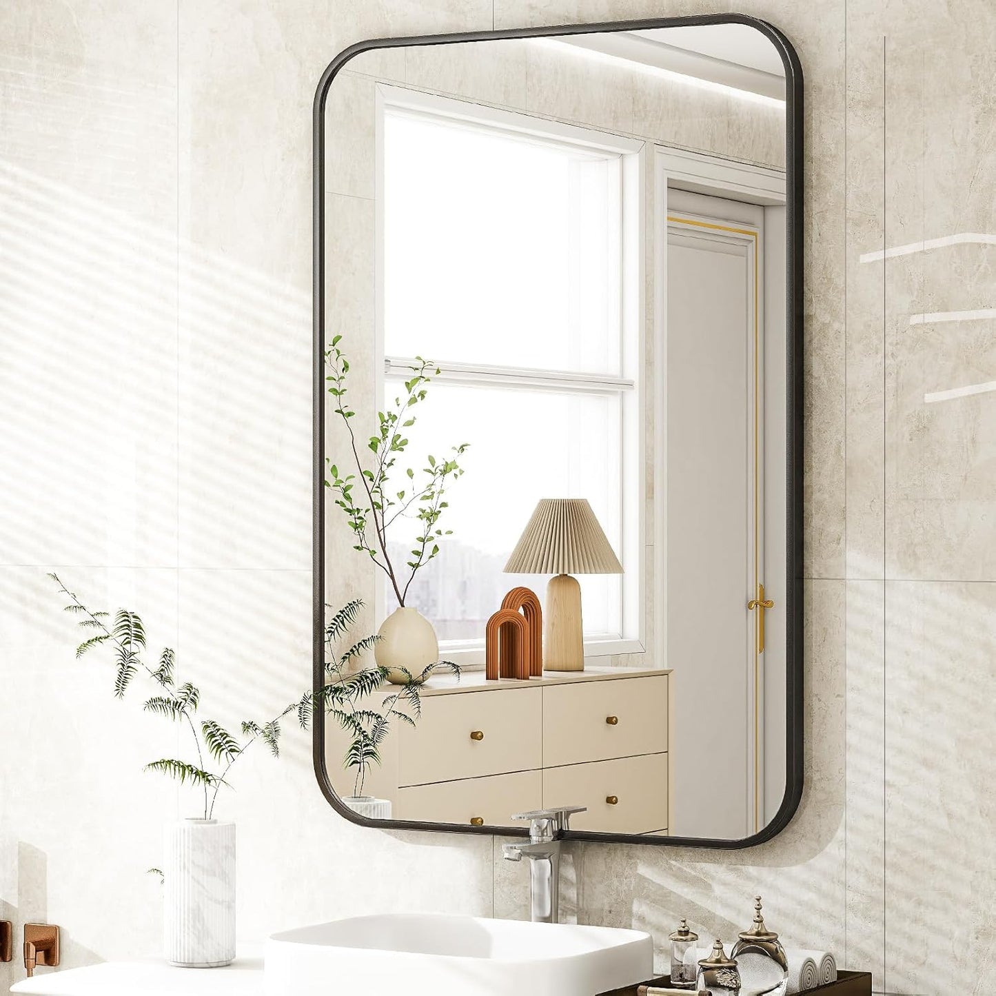 26 x 38 Inch Bathroom Mirror, Rounded Rectangular Vanity Mirror for Wall, Modern Mirror for Room Decor, Black Framed Wall-Mounted Mirrors for Home Decor, Hangs Horizontally or Vertically