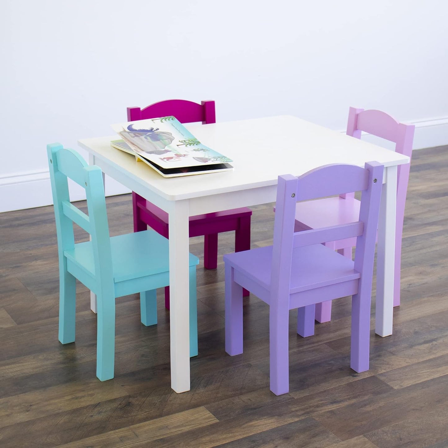 Humble Crew Kids Wooden Table and 4 Chairs Set, White/Pink/Purple/Aqua - Kids Table and Chair Set for Toddlers and Children for Arts, Crafts, and Snack Time - Sturdy, Durable Toddler Activity Table