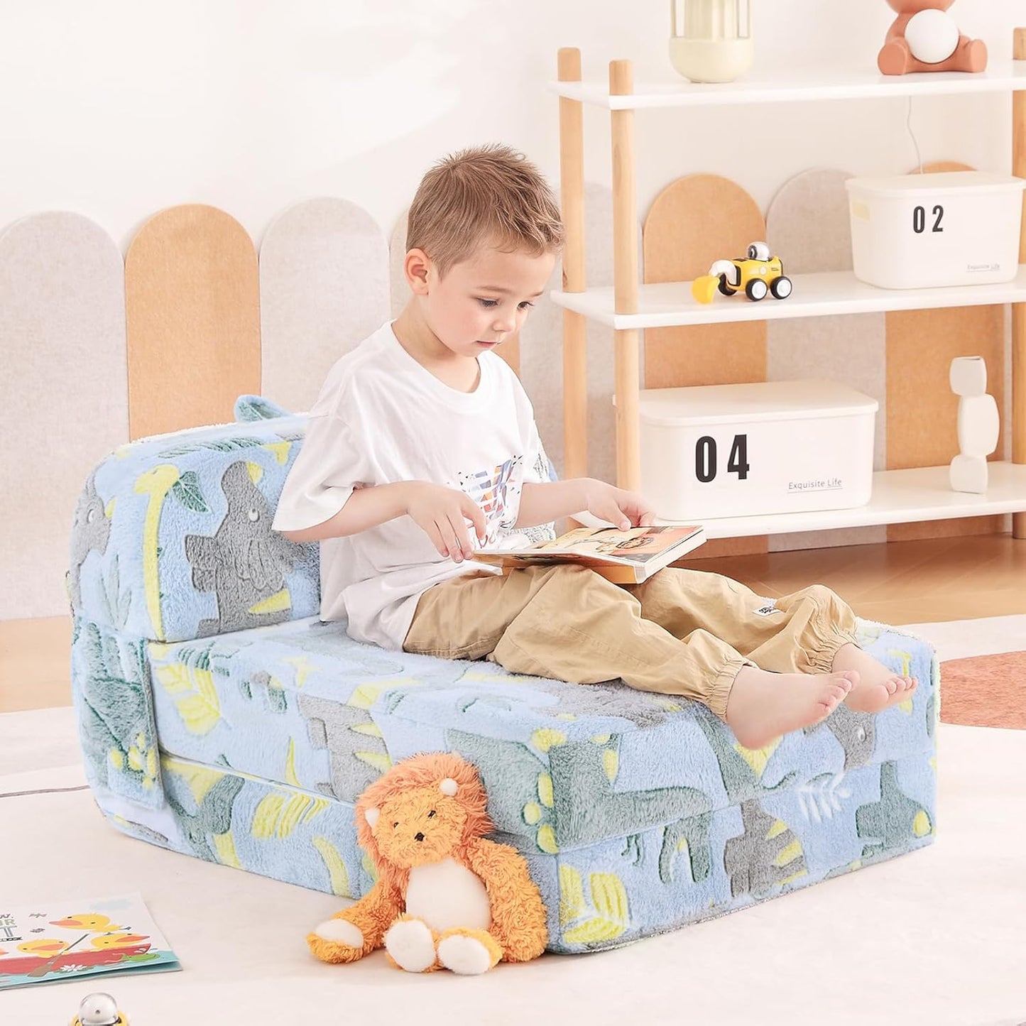 Tiita Folding Sofa Bed for Kids, Toddler Fold Out Couch With Removable Cover, Futon Sleeper Chair for Living Room, Guest Room - Dinosaur