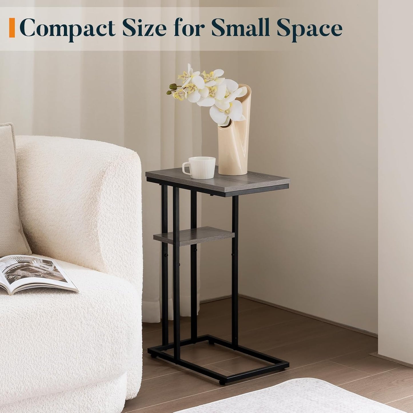 Yoobure C Shaped End Table, Side Table for Couch and Bed, Small Side Tables for Small Spaces, Living Room, Bedroom, Rustic Snack Tables