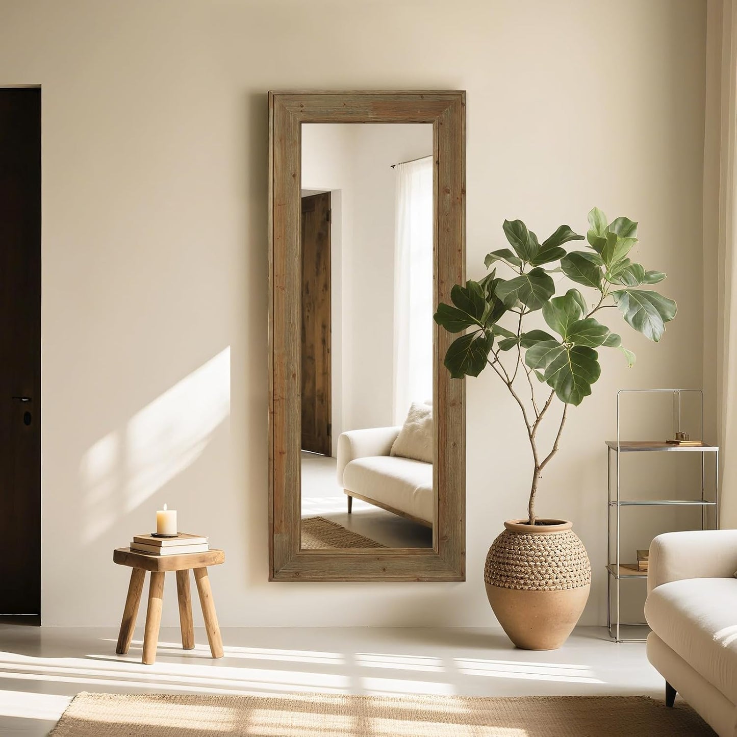 WallBeyond Full Length Mirror Rustic Wood Framed, 24 x 60 inch Farmhouse Wall Mounted Mirror Full Floor Mirror Hanging or Leaning Against Wall, Natural
