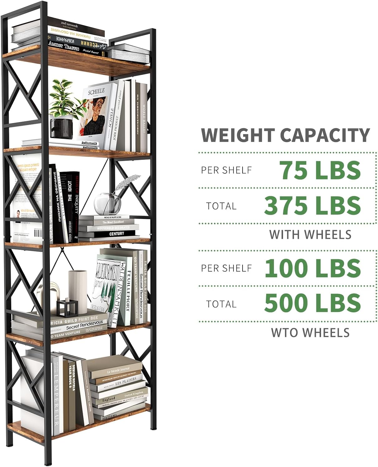 72"H 5-Tier Bookshelf: MDF Wood & Steel Shelves with 500lbs,Tall Narrow Adjustable-Shelf Bookcase.Bookshelves Storage Organizer, Industrial Display Standing Shelf Unit for Living Room/bedroom/Office