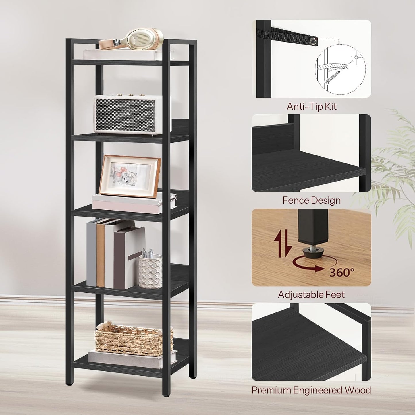 5-Tier Bookshelf, Bookcase, Shelves Organizer for Small Spaces, Storage Shelf Organizer, for Living Room, Bedroom, Study, Balcony, Black BKHB5501