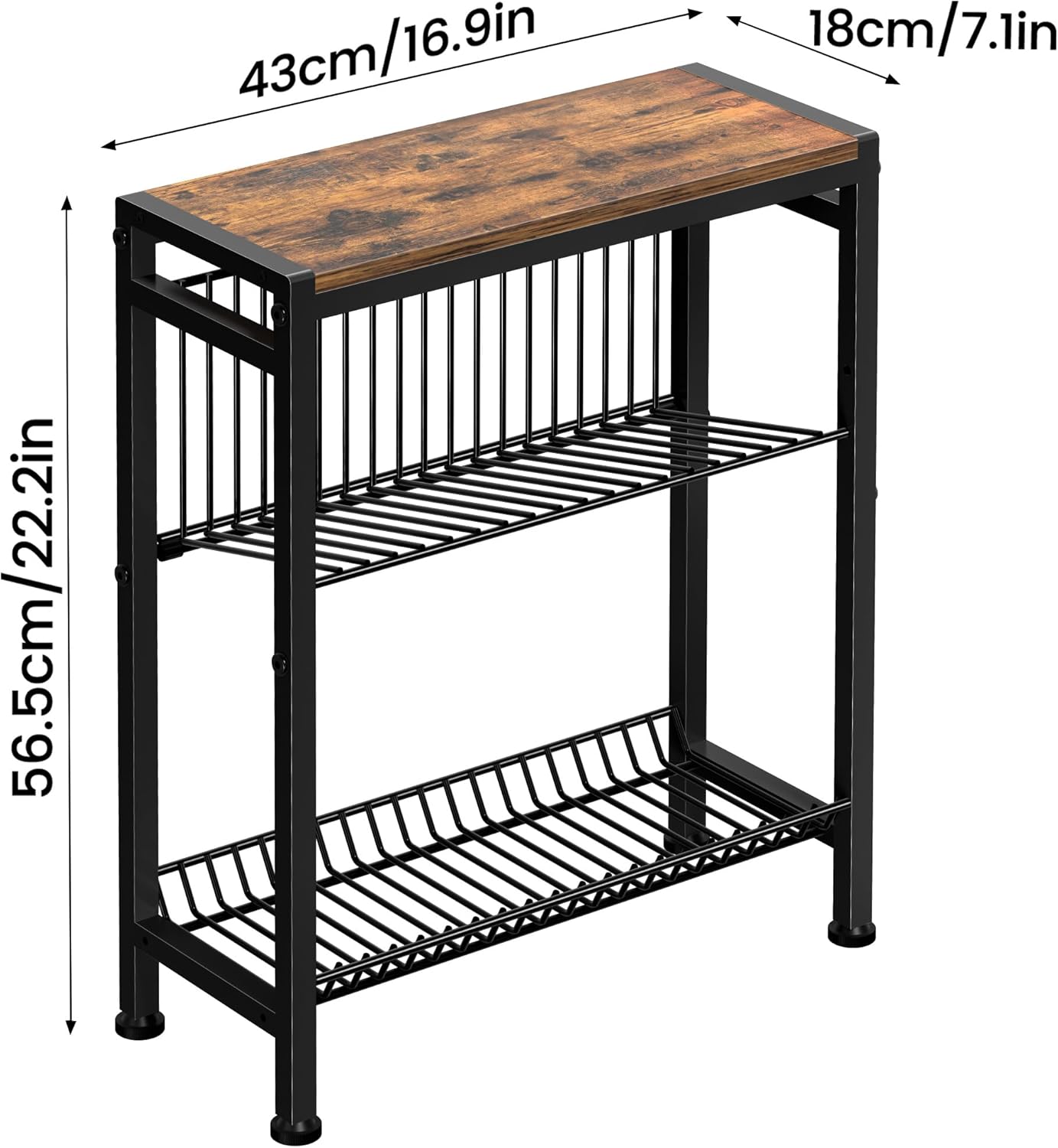 Narrow Side Table for Small Space, 3-Tier End Table with Magazine Holder,Slim Nightstand with Wire Shelf, Skinny Bedside Table in Living Room, Bedroom, Study, Kitchen and Balcony (Rustic Brown)