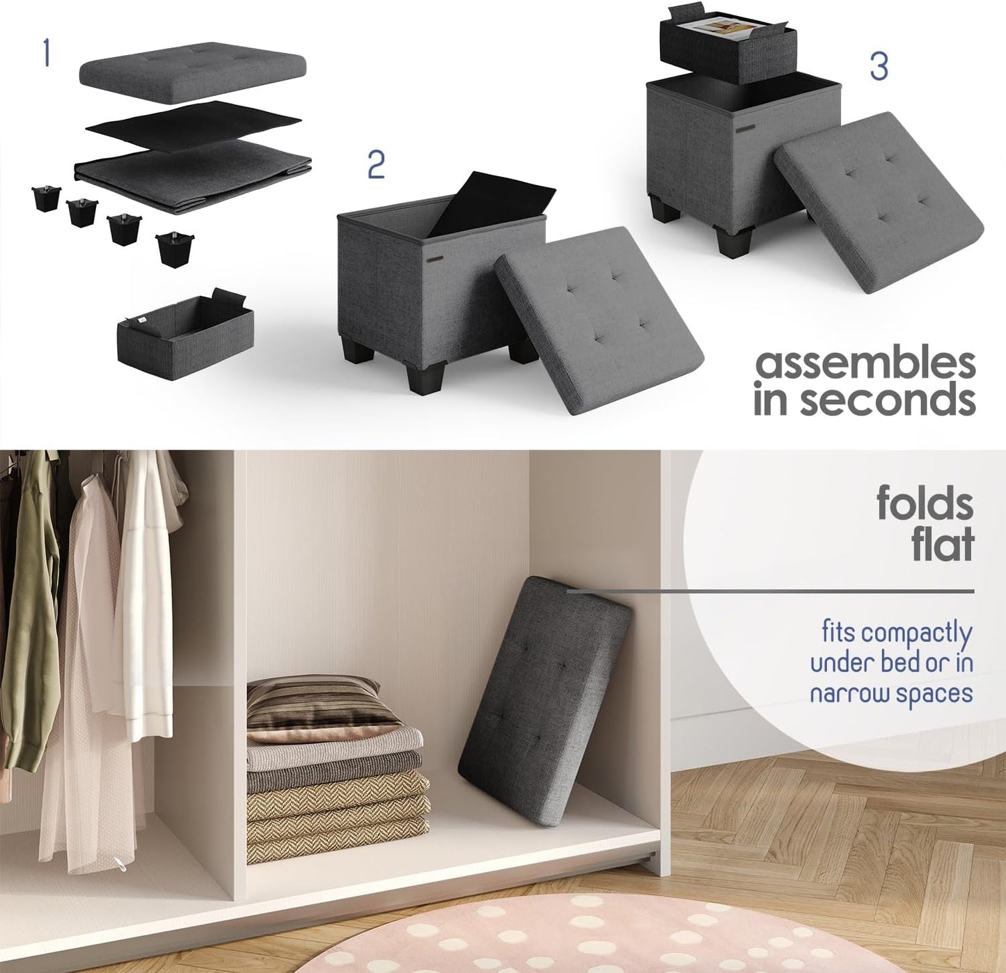 STORAGEBUD Storage Ottoman Cube with Small Bin, 16-in Square Ottoman with Storage for Living Room and Bedroom, Small Ottomans Foot Rest, Fabric Foot Stools Ottomans Max 330lbs, Grey